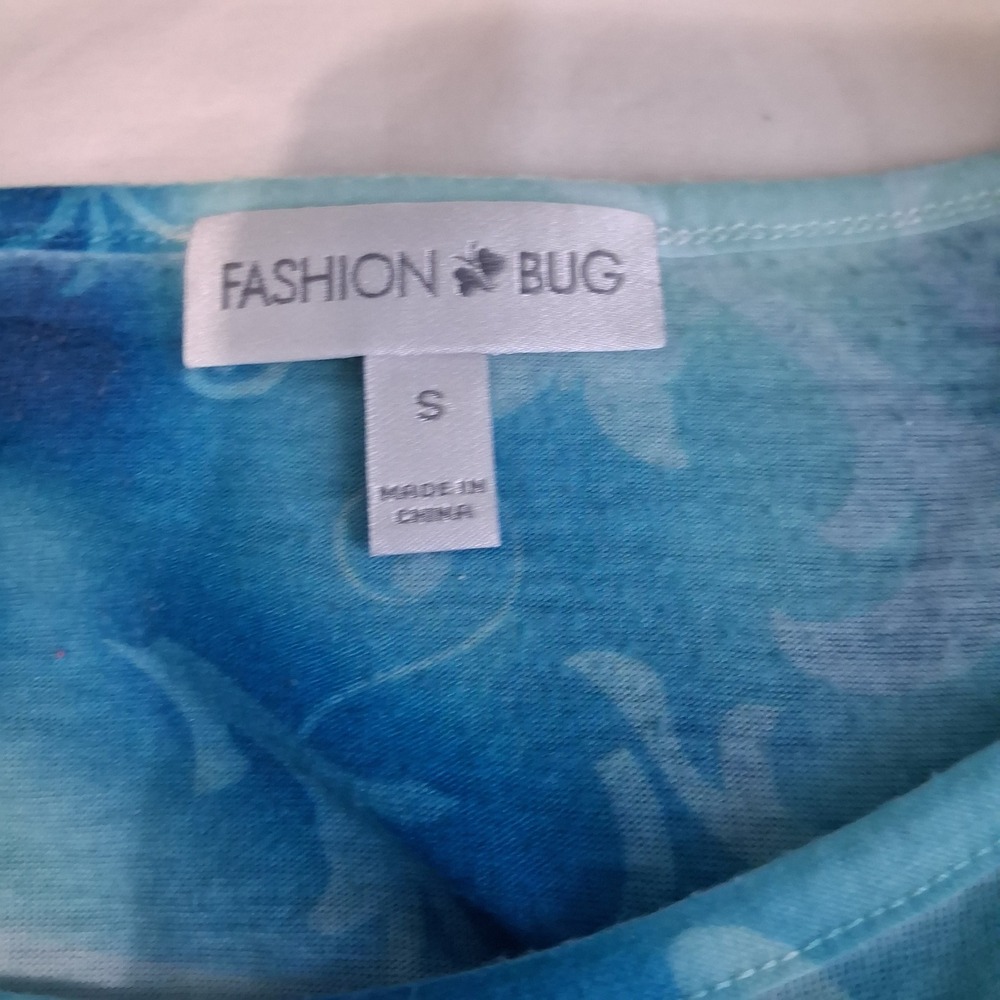 Fashion Bug Floral Rhinestone Tunic Top Blue Green Drawstring Ruched Small - Picture 6 of 11